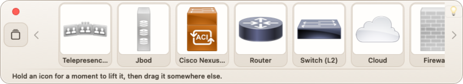 The stencil drawer: a row of Cisco icons including Router, Switch (L2), Cloud and Firewall